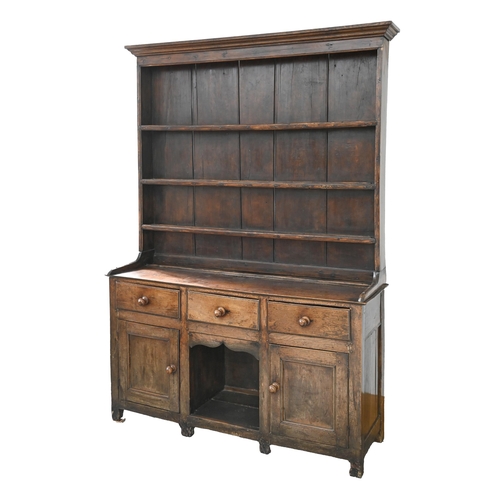 1120 - An early Victorian panelled oak dresser base,  associated top, 192cm h; 136 x 41cm