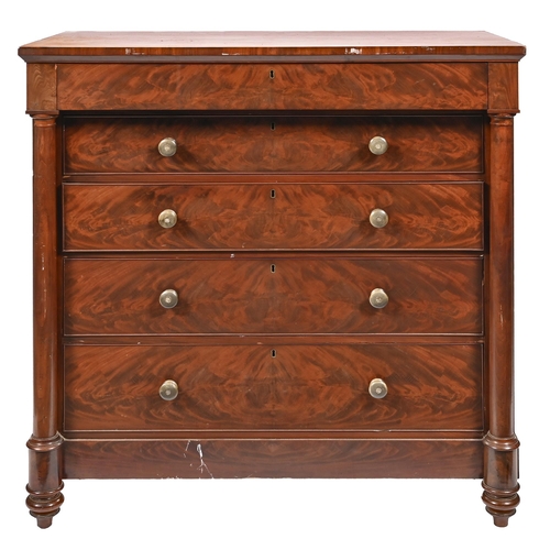 1122 - A Victorian mahogany chest of drawers, the five long drawers flanked by turned pillars, on tuned fee... 