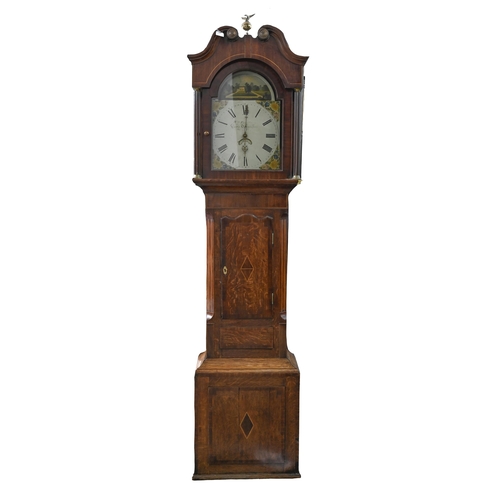 1126 - An oak and inlaid mahogany longcase clock,   19th c, thirty hour, the painted dial inscribed Wm Brad... 