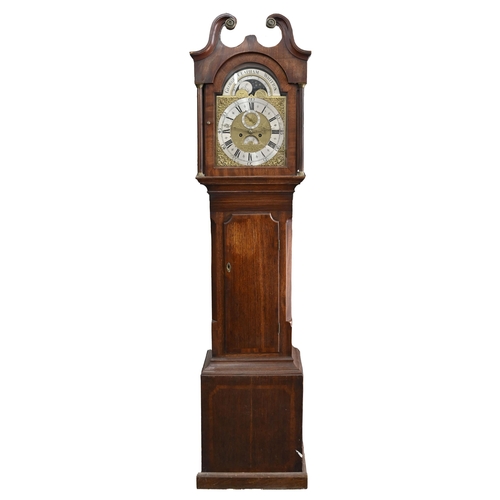 1129 - An 18th c mahogany eight day longcase clock, with brass and silvered dial inscribed  George Clapham ... 