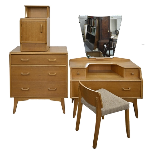 1158 - A mid-century G-Plan light oak three-piece bedroom suite, wardrobe 85cm h; 77cm w, a mirror backed d... 