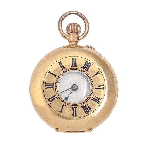 116 - A Swiss gold keyless lever half hunting cased lady's watch, c1900, with enamel dial, base metal cuve... 