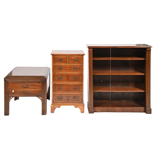 1160 - An antique style mahogany open bookcase, with four fixed shelves, 96cm h, an antique style yew wood ... 