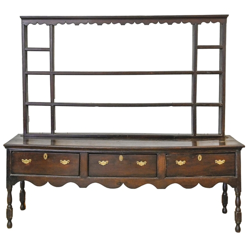 1170 - A George III oak dresser, boarded top on turned legs, with later associated ack, 190cm h; 205 x 51cm... 