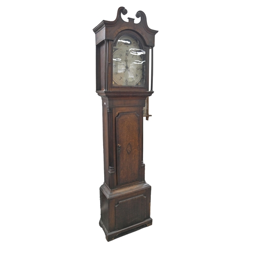 1172 - A late 18th c oak and mahogany inlaid thirty hour longcase clock, the painted dial flanked by brass ... 