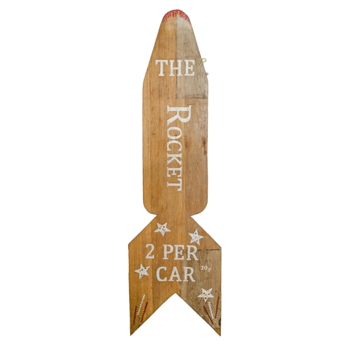 1174 - A vintage painted wood fairground sign - The Rocket, 178cm h