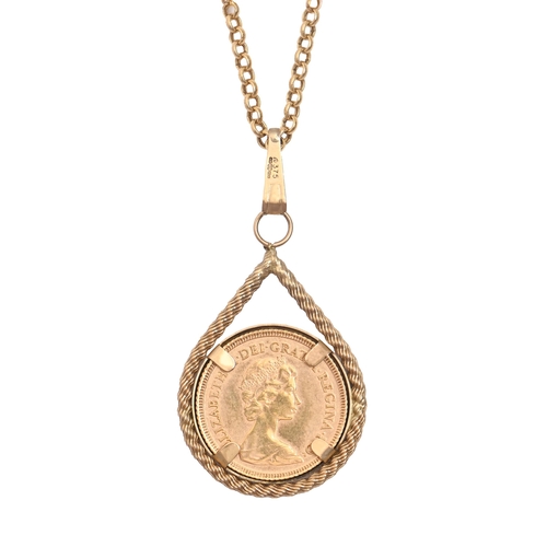 118 - Gold coin. Half sovereign 1982 in 9ct gold pendant, on 9ct gold chain, 8.2g