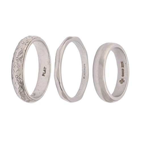 119 - Three platinum wedding rings, marks obscured, 2000 or marked PLAT or PLATINUM, 18g, size I, O... 