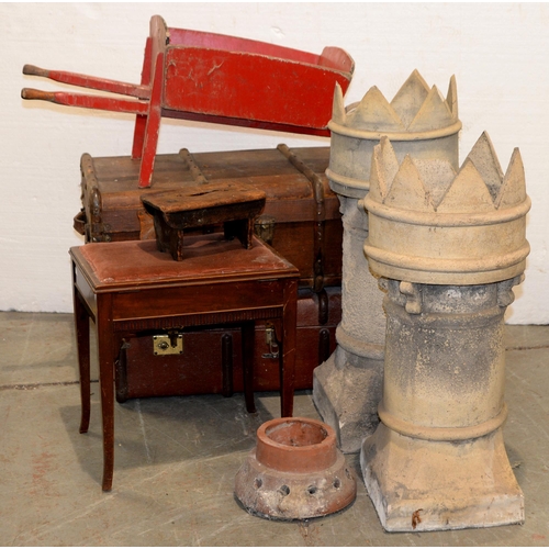 1191 - A pair of Victorian white terracotta castle top chimney pots, 84cm h, two cabin trunks, a child's wh... 