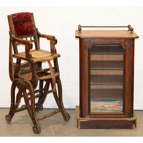 1196 - A Victorian walnut and inlaid music cabinet and an Edwardian stained beech child's high chair (2)... 