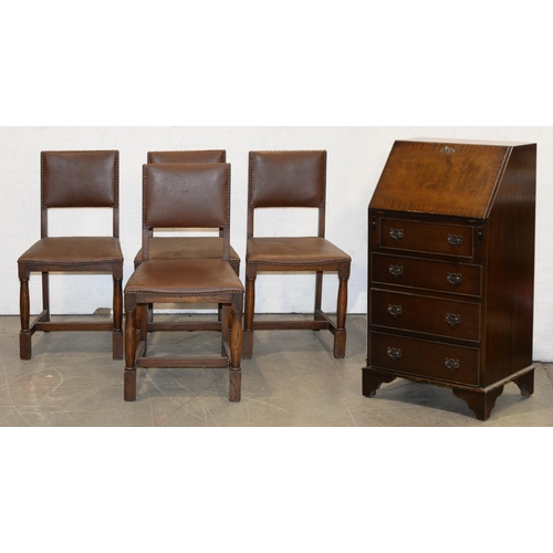 1200 - A walnut bureau and a set of four dining chairs