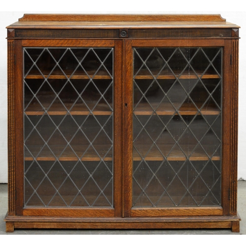 1203 - An oak bookcase, enclosed by a pair of leaded glass doors