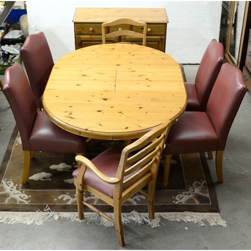 1211 - A waxed pine dresser, pedestal dining table with extending top and six chairs