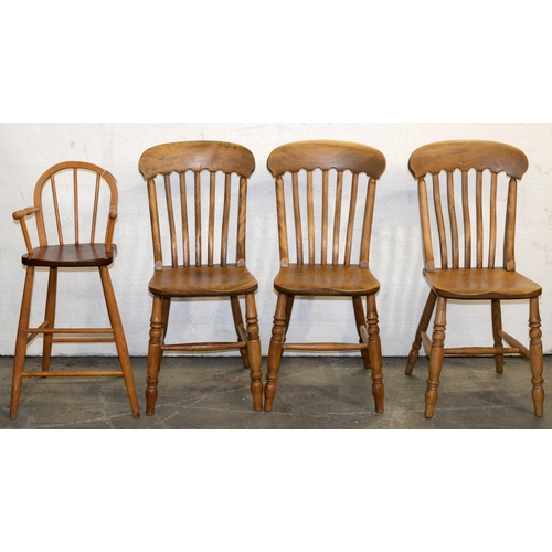 1215 - Three ash kitchen chairs and a beech child's high chair