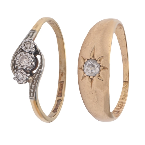 124 - An Edwardian diamond ring, gypsy set in 18ct gold, Birmingham 1902 and another diamond ring, in gold... 