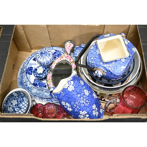 1248 - Three Victorian cranberry glass jugs and miscellaneous blue and white earthenware, to include a bisc... 