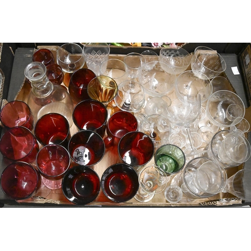 1256 - Miscellaneous cut, coloured and plain glassware, principally drinking glass, to include decanters an... 