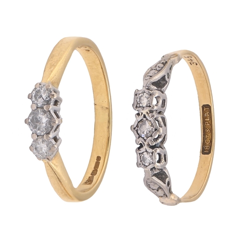 135 - Two diamond rings, in 18ct gold or marked 18ct & PLAT, 5g, size N