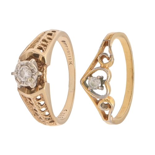 136 - Two diamond rings, in gold marked 14k, 4.9g, size M, N