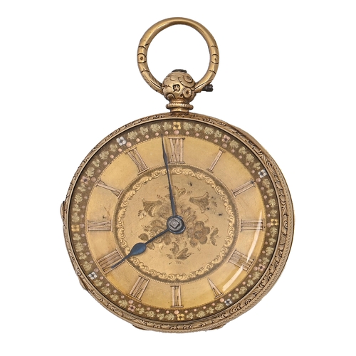 145 - An English 18ct gold fusee lever watch, the unsigned movement with foliate engraved dial with colour... 