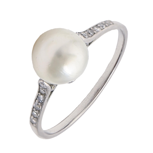 151 - A pearl ring, early 20th c, with diamond shoulders, in white gold, pearl 8mm diam, 3.2g, size P... 