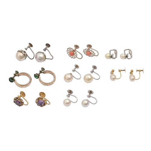 162 - Eight pairs of cultured pearl, paste and other earrings,  several gold mounted, 22g... 