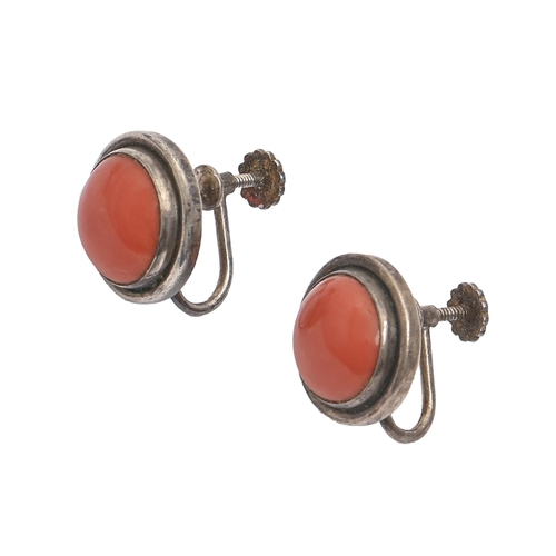 163 - Georg Jensen. A pair of Danish coral and silver earrings, No 86, 1933-1944, screw fittings, 16mm dia... 