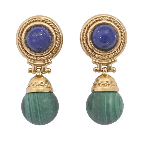 165 - A pair of malachite, lapis lazuli and 18ct gold earrings, 35mm h, London 1990, 16.3g... 