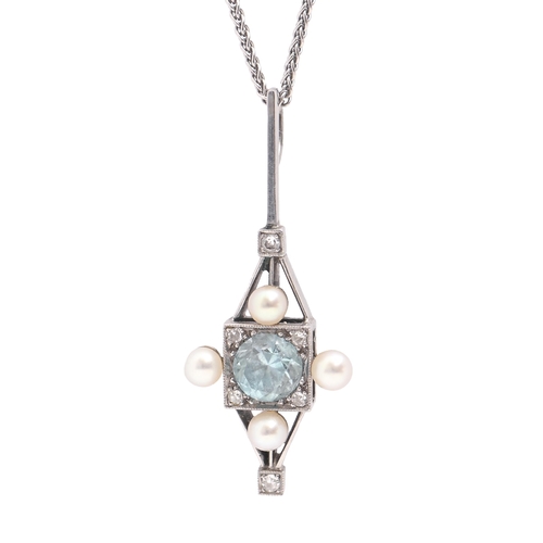 166 - An aquamarine, diamond and cultured pearl pendant, c1930, millegrain set in platinum coloured metal,... 