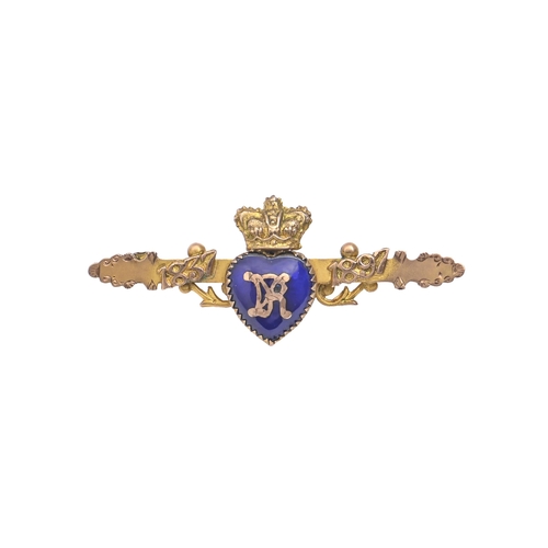 168 - Royal Diamond Jubilee. A Victorian 9ct gold and blue enamel commemorative brooch, 45mm l, Birmingham... 