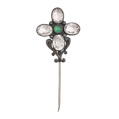 170 - An Arts & Crafts chrysoberyl, paste and silver stick pin, early 20th c, head 26 x 29mm, 6g... 