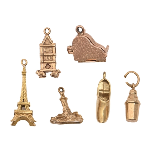 171 - Four 9ct gold charms and two Continental gold charms, variously sizes, 9.6g