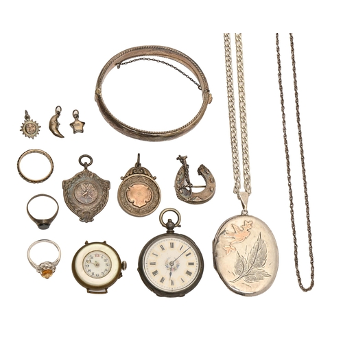 178 - Miscellaneous silver jewellery, Victorian and later, to include a bangle, locket, watch fob shields,... 