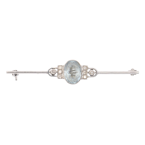 180 - An Art Deco diamond and aquamarine bar brooch, in white gold, 51mm l, marked 14ct, 3g... 