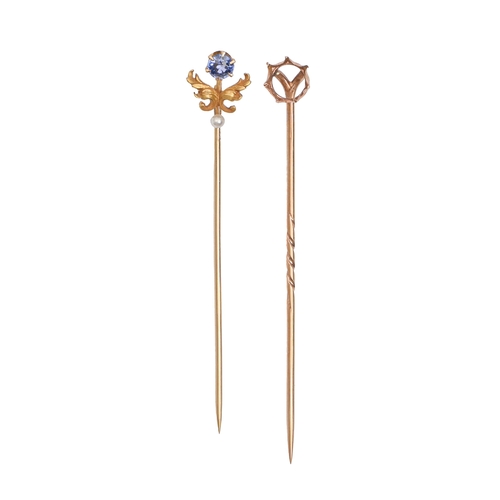 181 - A gold stickpin, with coral and seed pearl terminal, 56mm, another and a smaller example with cultur... 