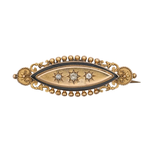 185 - A Victorian diamond and 15ct gold and black enamel shuttle shaped brooch, gypsy set, engraved on rev... 