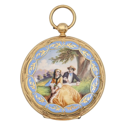 186 - A Swiss hunting cased gold and enamel cylinder lady's watch, Lebet & Fils, 19th c,  with enamel ... 