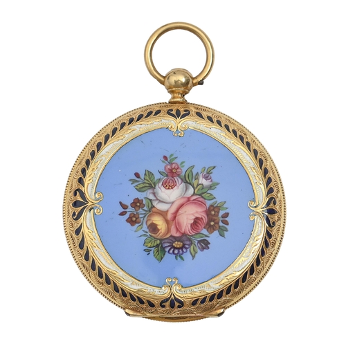 186 - A Swiss hunting cased gold and enamel cylinder lady's watch, Lebet & Fils, 19th c,  with enamel ... 