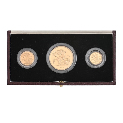 189 - Gold coins. United Kingdom proof set 1984, comprising £5, sovereign and half sovereign, cased... 