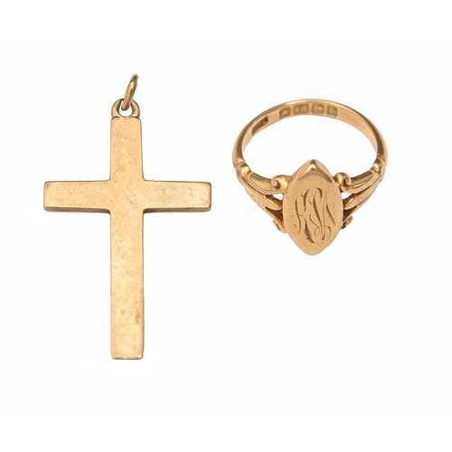 194 - An 18ct gold signet ring, Birmingham 1907, 4.3g, size G and a 9ct gold cross, 1.9g (2)... 