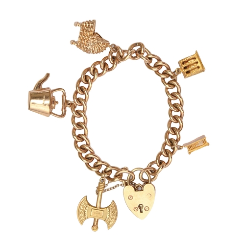 195 - A gold charm bracelet, adapted from a 9ct gold albert with padlock, 18cm l, 46.8g