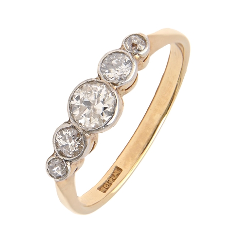 202 - A diamond ring, the five old cut diamonds in collets, gold hoop marked 18ct PLAT, 2.7g, size O... 