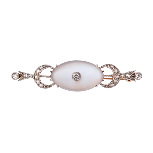 205 - A moonstone and diamond bar brooch, early 20th c, in gold, 43mm l, 4.1g