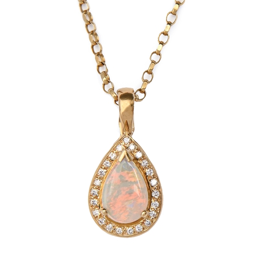 208 - A pear shaped opal and diamond pendant, in gold, 29mm h, marked 18k and an 18ct gold necklet, 11.5g... 