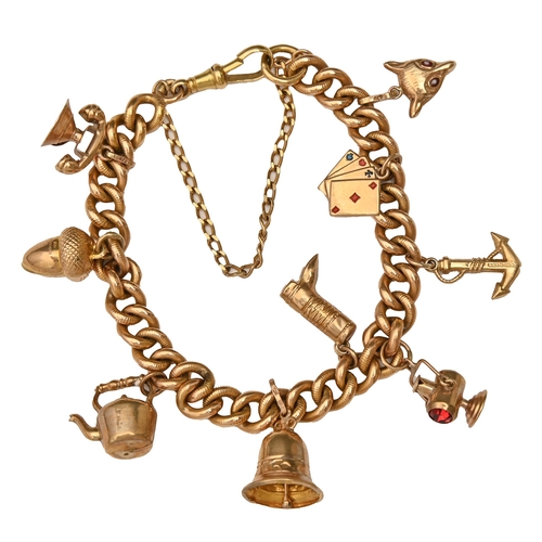 212 - A gold charm bracelet, hung with a collection of gold charms, including kettle, bell, anchor and aco... 