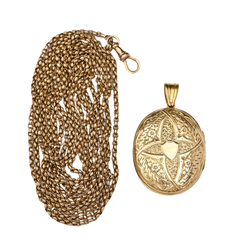 219 - A gold muff chain, c1900, 181cm l, marked 9c, 29.2g and a contemporary late Victorian gold locket, t... 