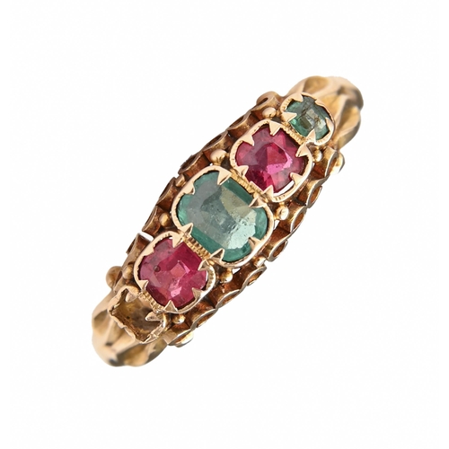 221 - A Victorian ruby and emerald ring, in 15ct gold, Birmingham 1866, 1.9g, size L