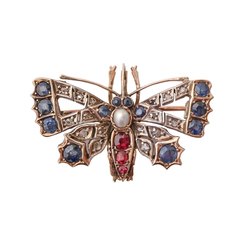 222C - A diamond, ruby, sapphire and pearl butterfly brooch, in gold, 41mm, 11g