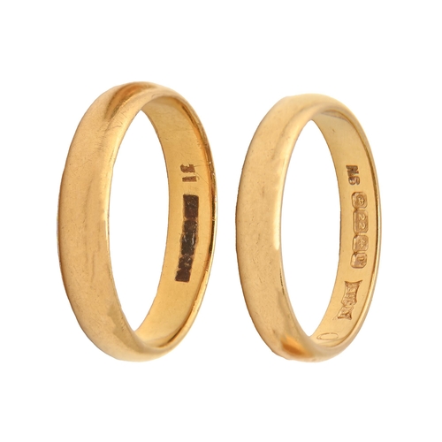 222D - Two 22ct gold wedding rings, 8.7g, size N, P