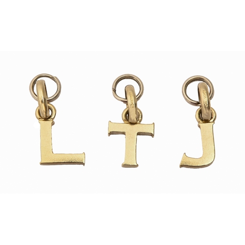 222E - Links of London. Three 18ct gold initial letter pendants, approximately 12mm, London 2005 and circa,... 